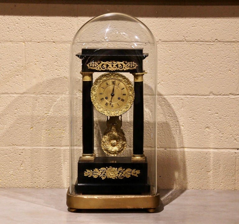 Gilt 19th Century French Empire Portico Mantel Clock in Original Glass Dome For Sale