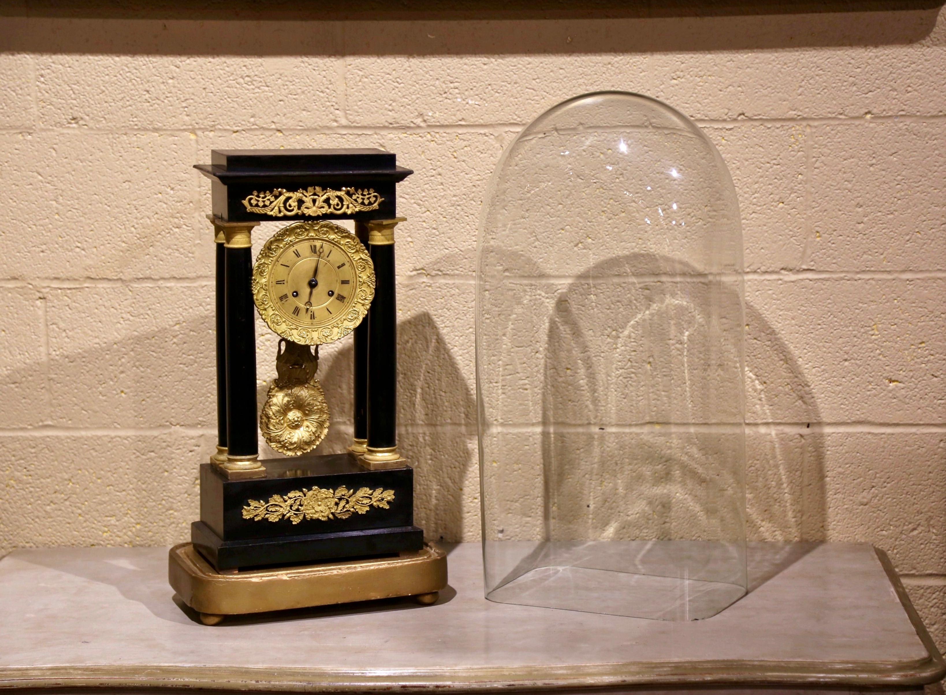 19th Century French Empire Portico Mantel Clock in Original Glass Dome In Excellent Condition In Dallas, TX