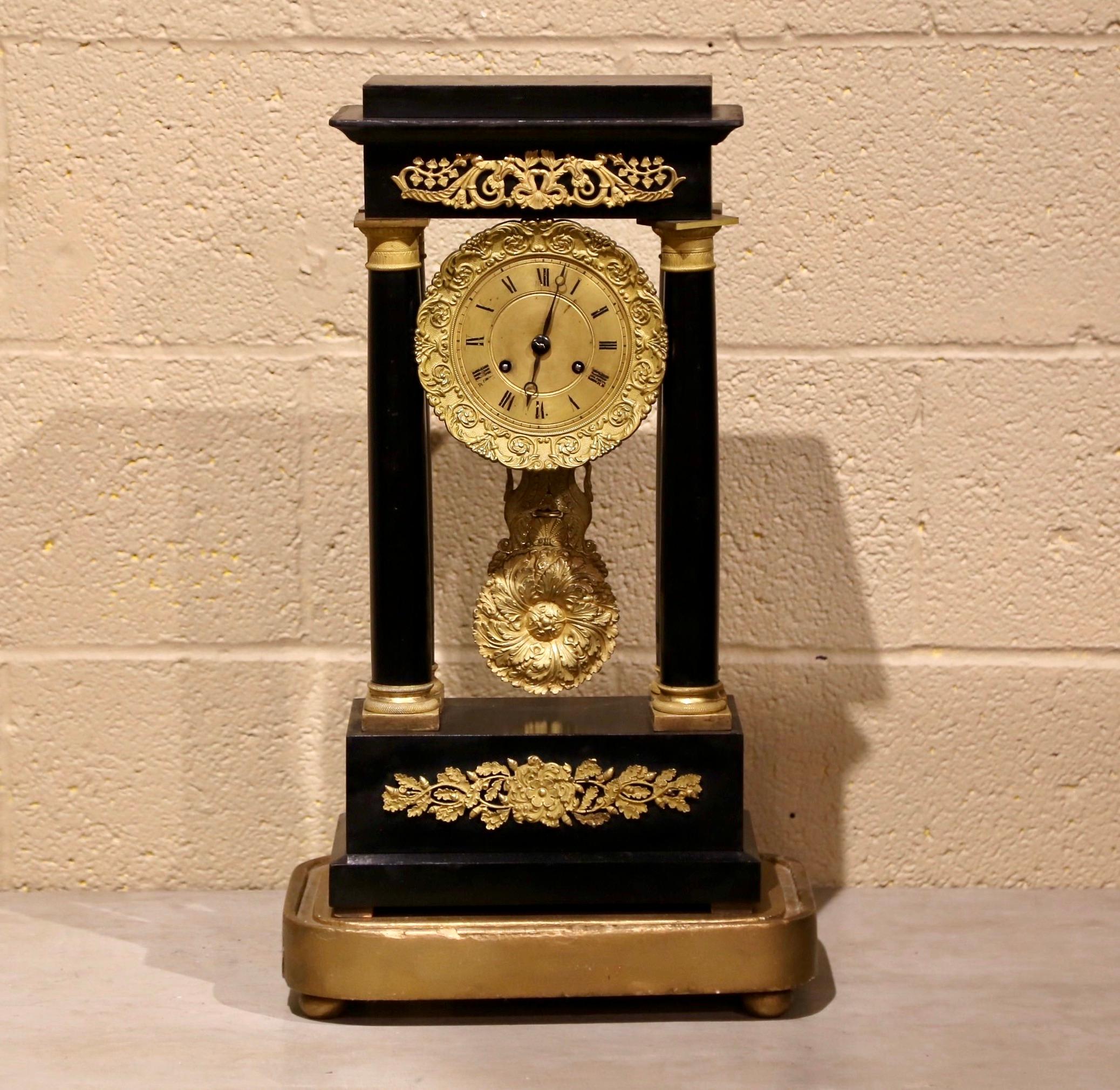 Brass 19th Century French Empire Portico Mantel Clock in Original Glass Dome