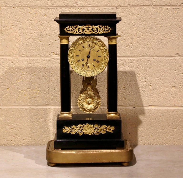 Brass 19th Century French Empire Portico Mantel Clock in Original Glass Dome For Sale