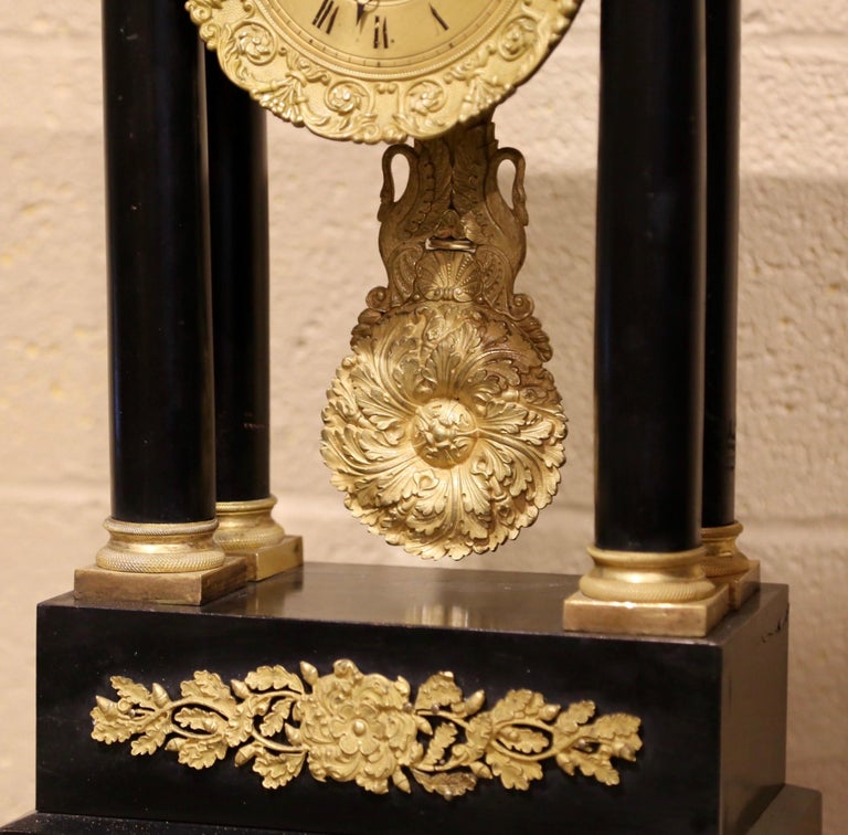 19th Century French Empire Portico Mantel Clock in Original Glass Dome For Sale 2