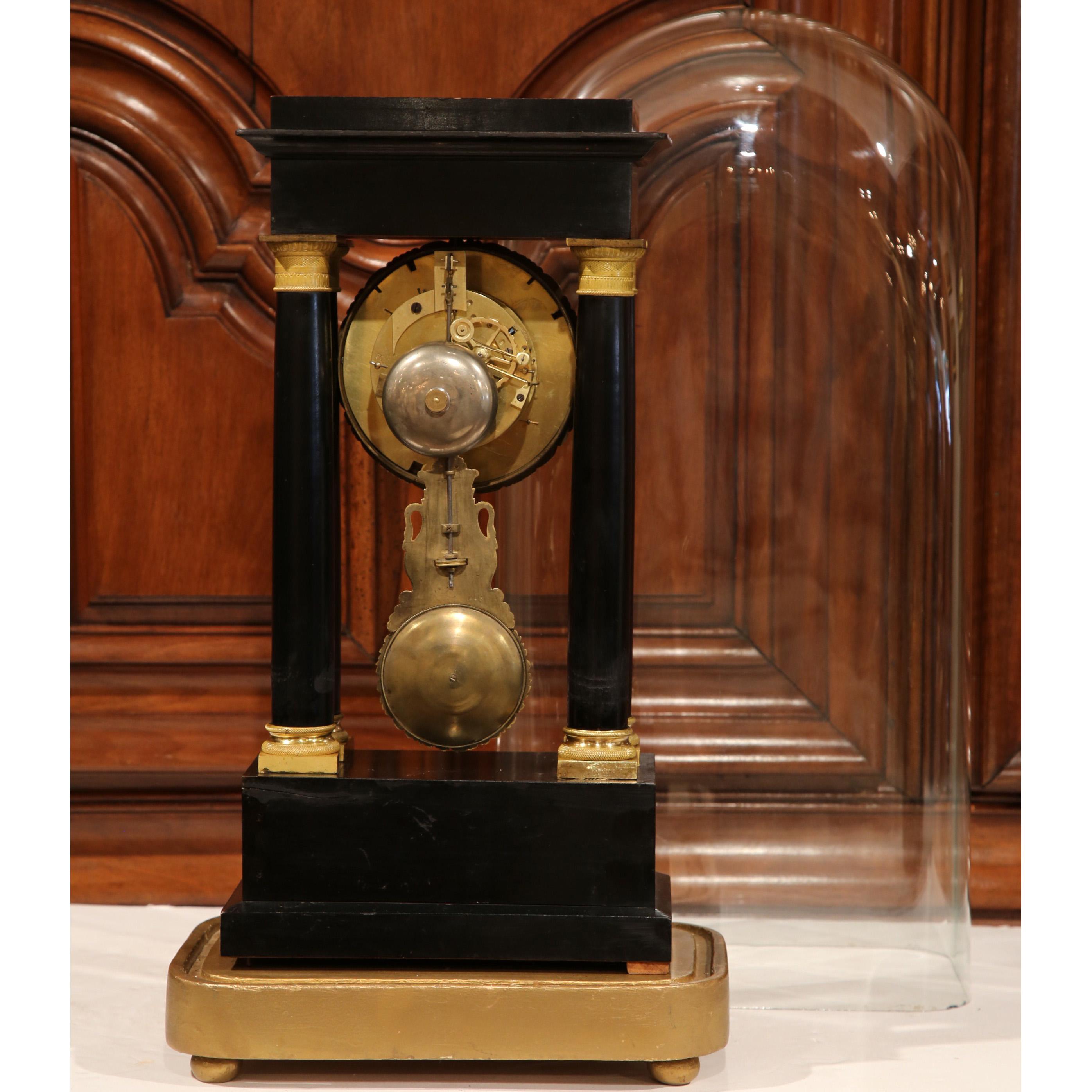 19th Century French Empire Portico Mantel Clock in Original Glass Dome 2