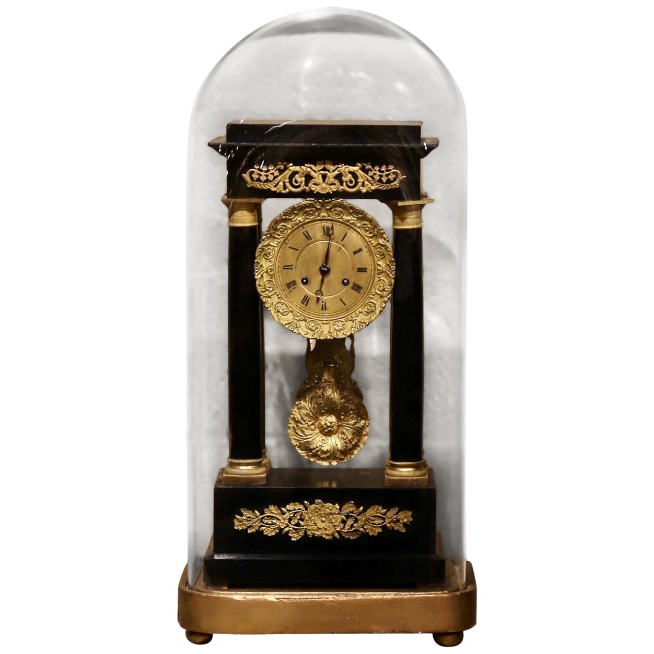 19th Century French Empire Portico Mantel Clock in Original Glass Dome