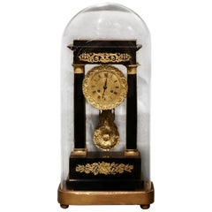 19th Century French Empire Portico Mantel Clock in Original Glass Dome