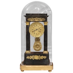 19th Century French Empire Portico Mantel Clock in Original Glass Dome