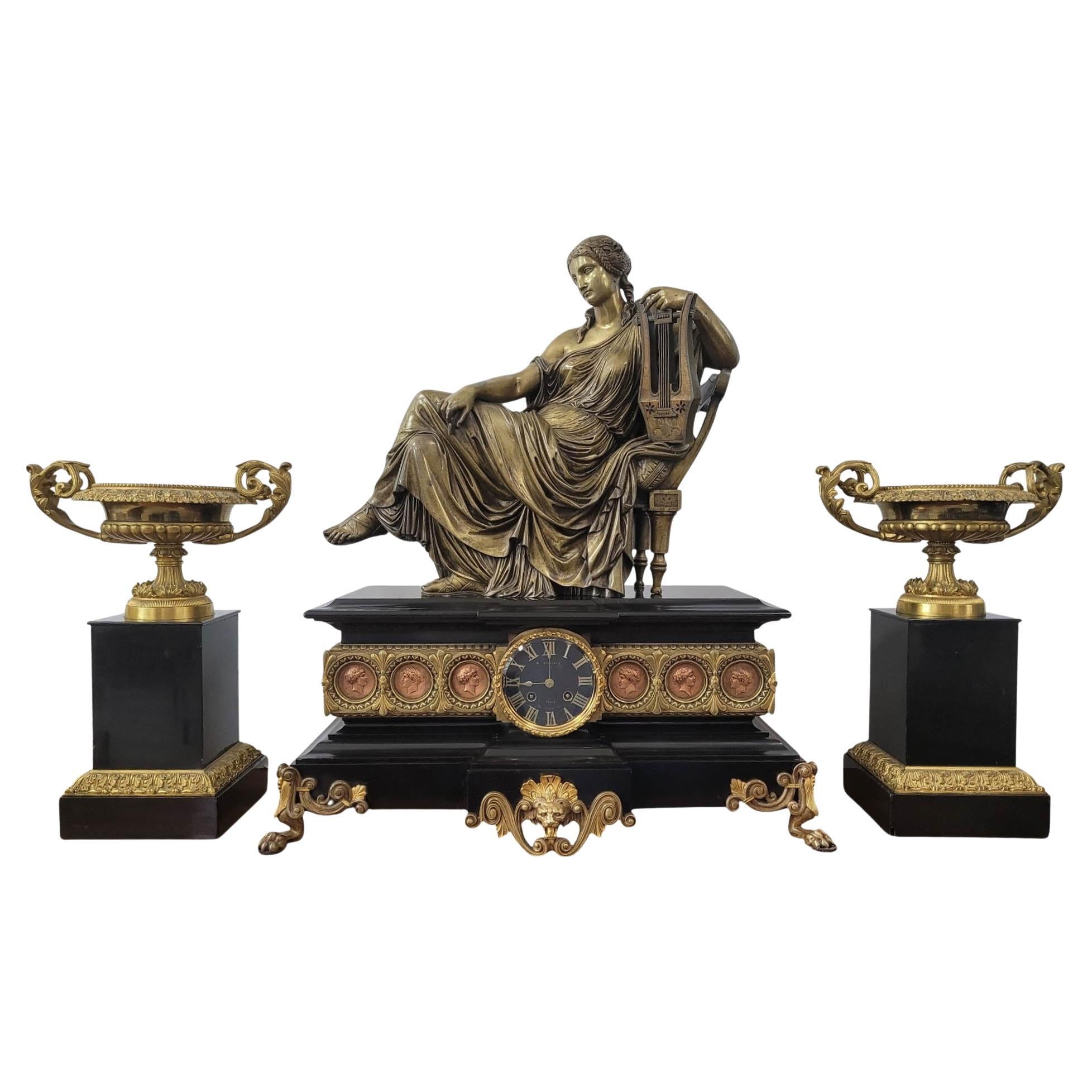 19th Century French Empire Clock Garniture, Japy Frères et Cie Movement For Sale