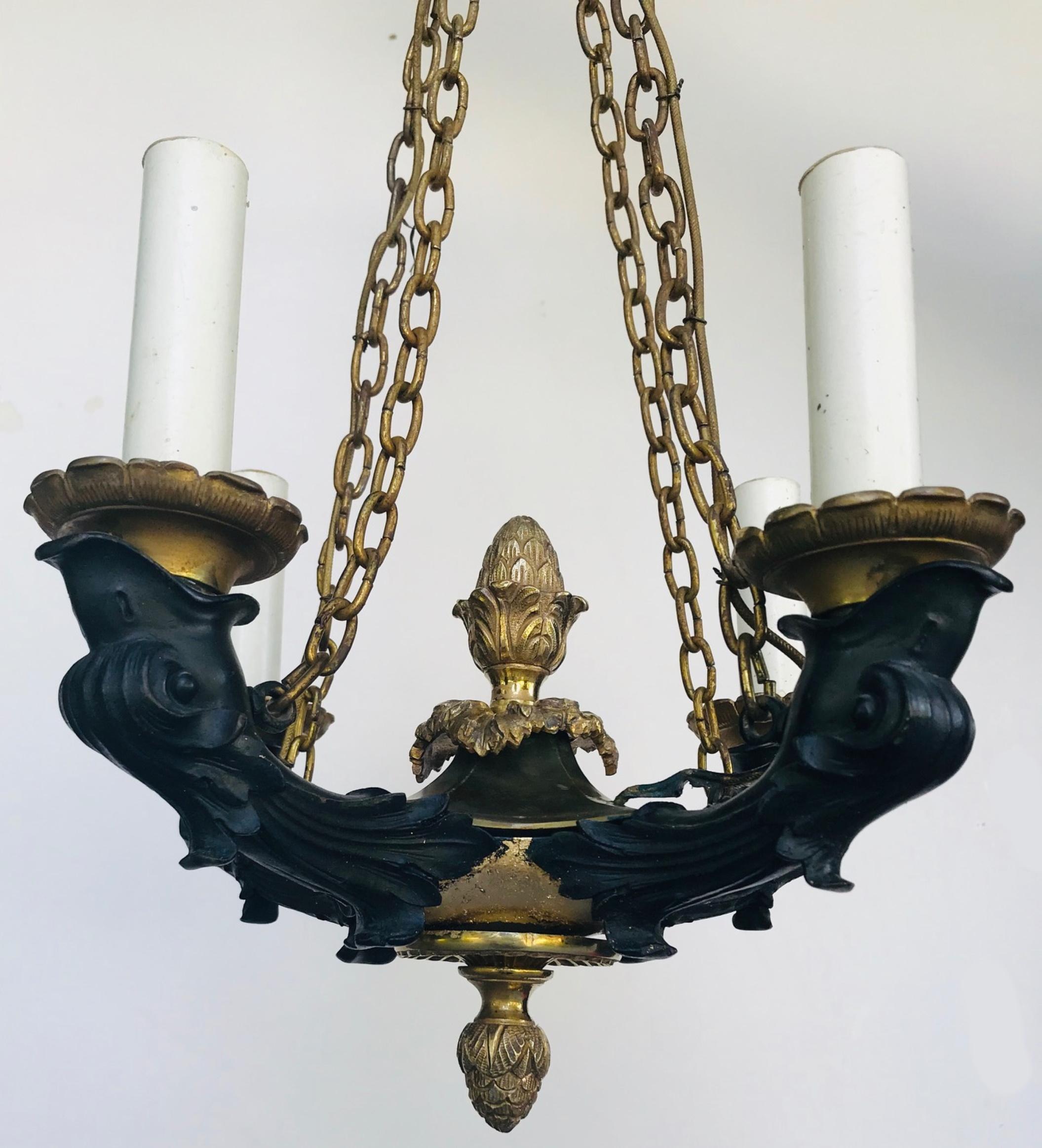 Cast 19th Century French Empire Small Patinated Bronze Chandelier