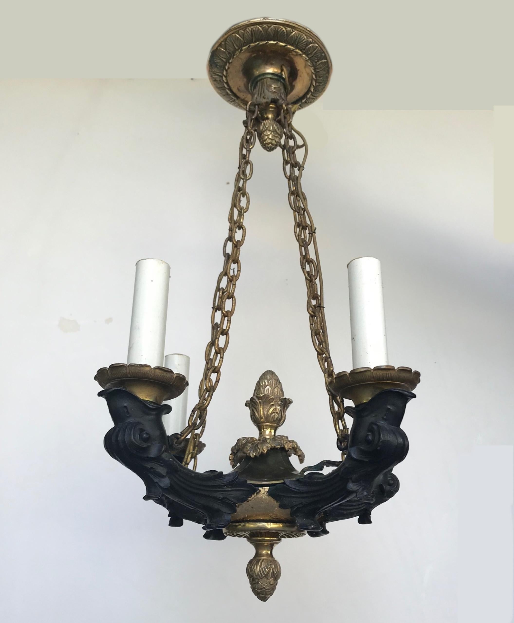 19th Century French Empire Small Patinated Bronze Chandelier In Good Condition In Vero Beach, FL