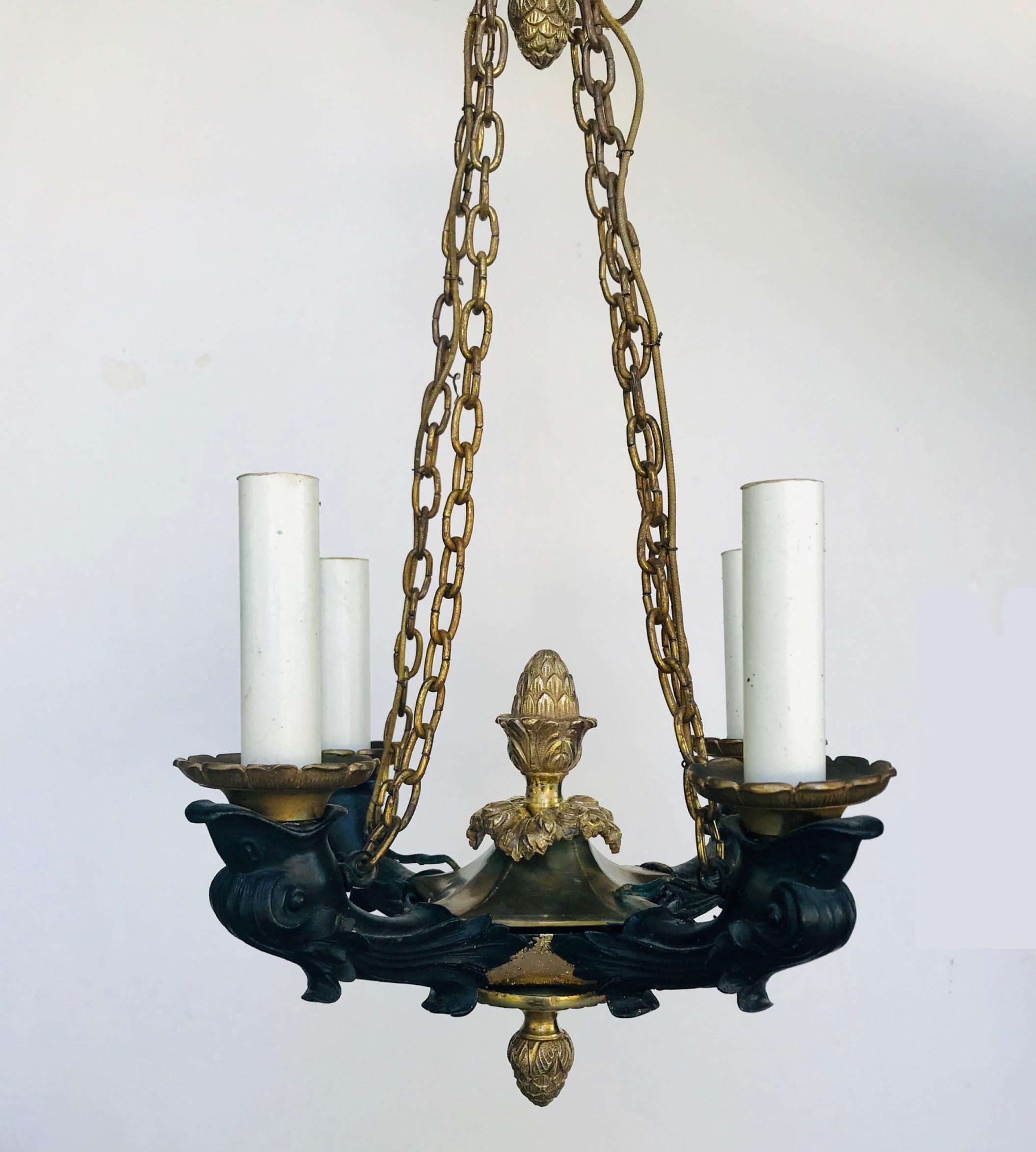 19th Century French Empire Small Patinated Bronze Chandelier 1