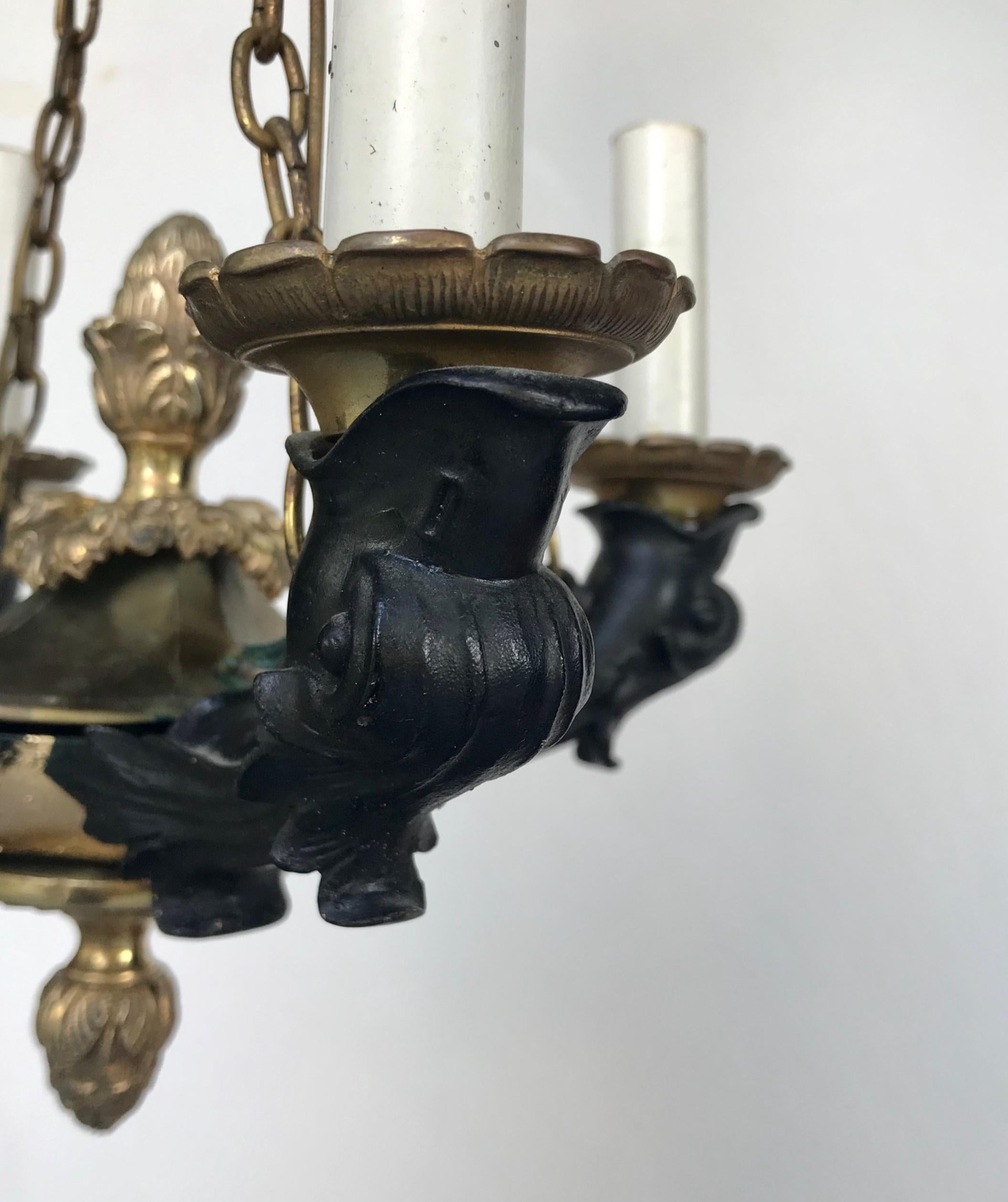 19th Century French Empire Small Patinated Bronze Chandelier 4