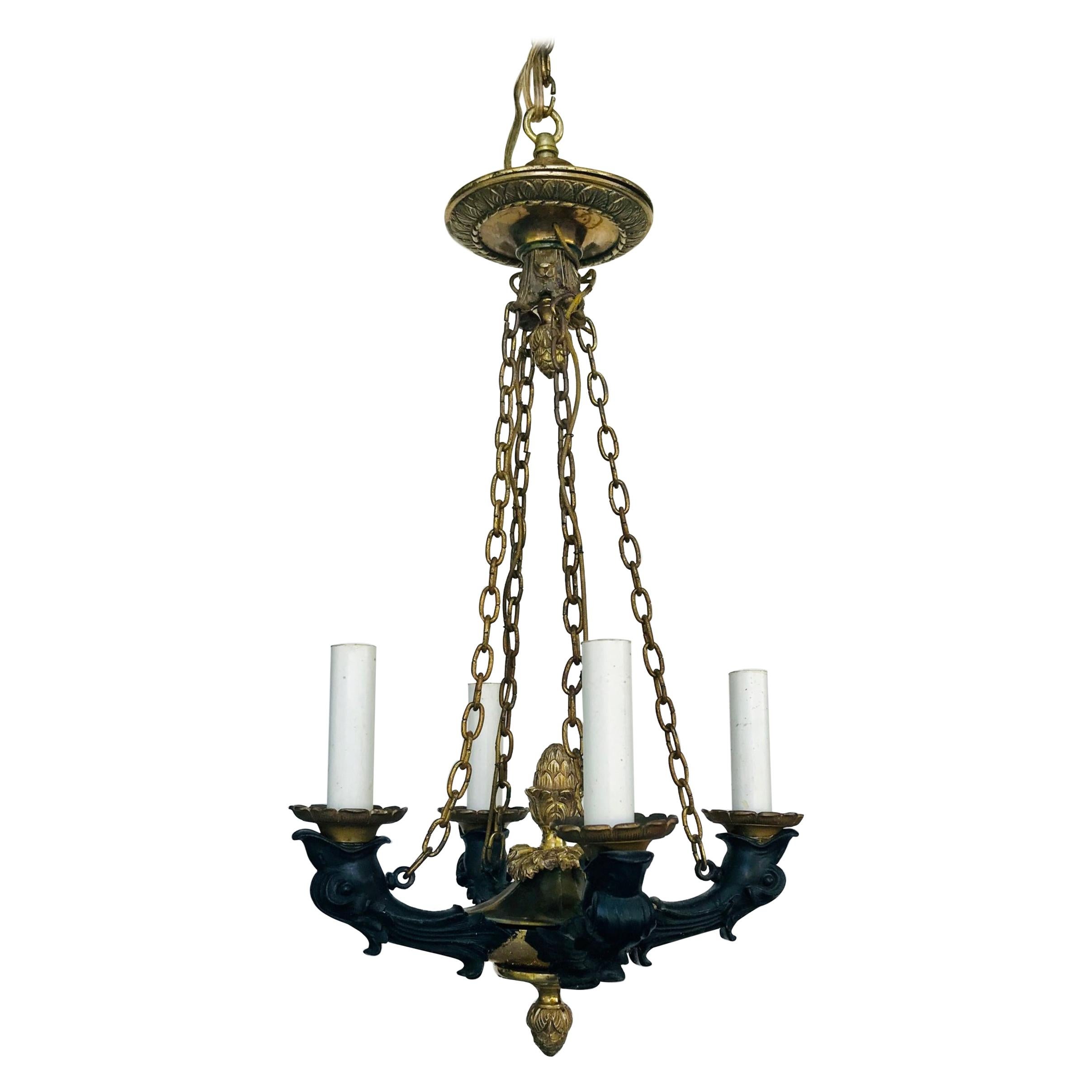 19th Century French Empire Small Patinated Bronze Chandelier