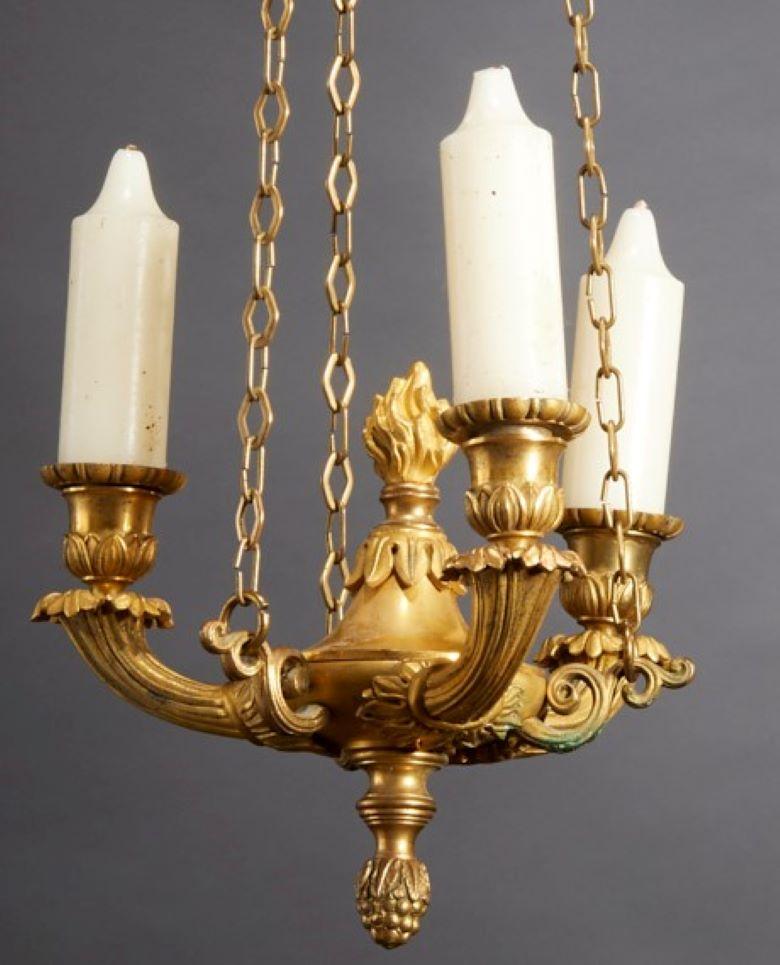 Bronze 19th Century French Empire Style 3-Arm Light Fixture with Flame Finial