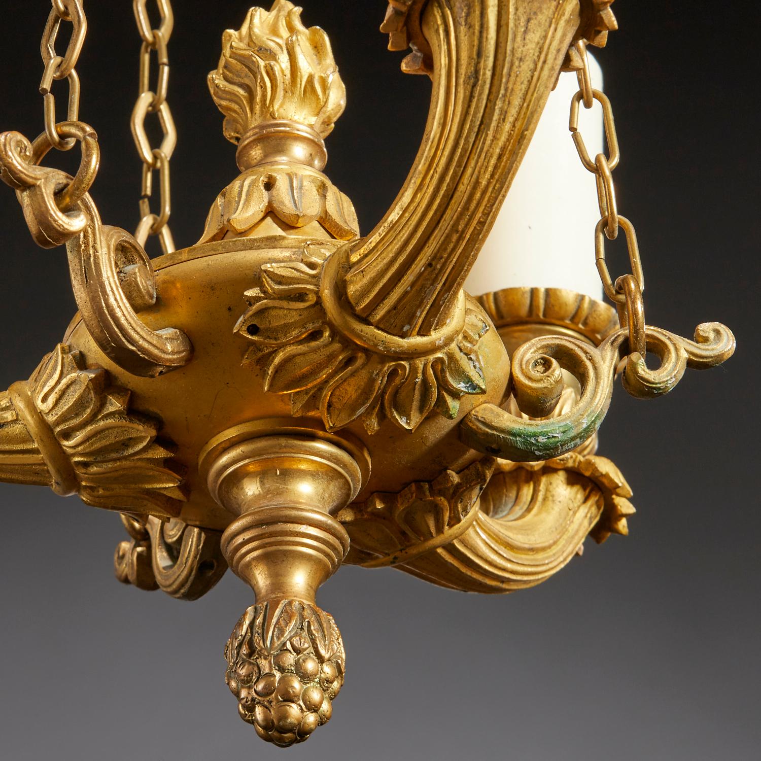 19th Century French Empire Style 3-Arm Light Fixture with Flame Finial 1