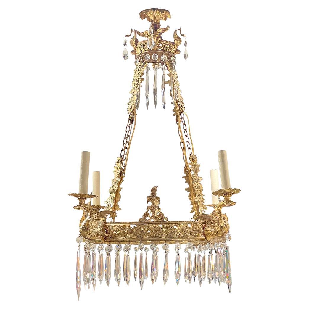 Araña de 4 luces de bronce dorado estilo Imperio francés del siglo XIX en venta