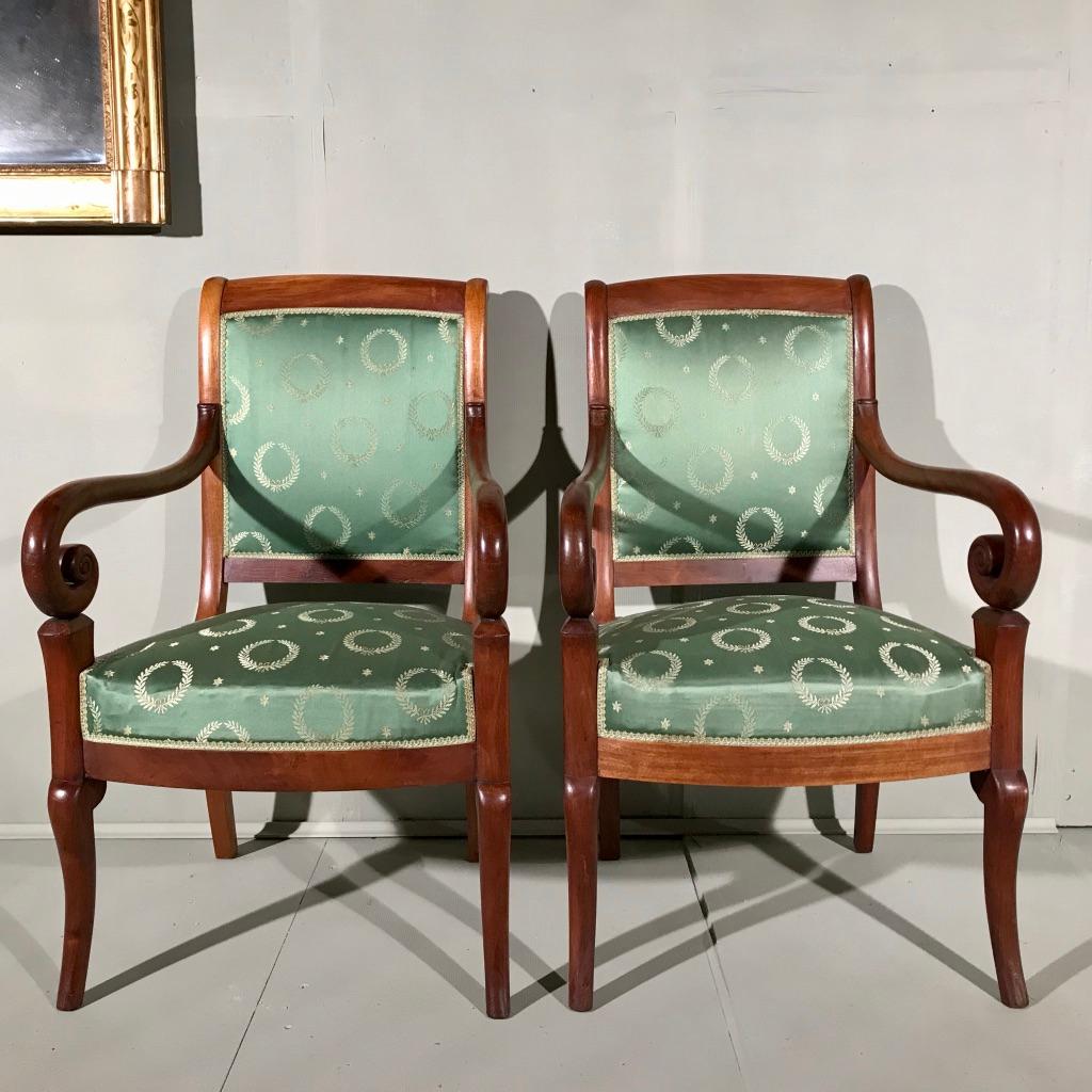 Polished 19th Century French Empire Style Armchairs with Vintage Upholstery
