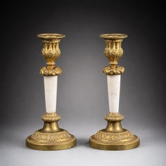 19th Century French Empire Style Bronze Candlesticks, Pair, White Marble Columns