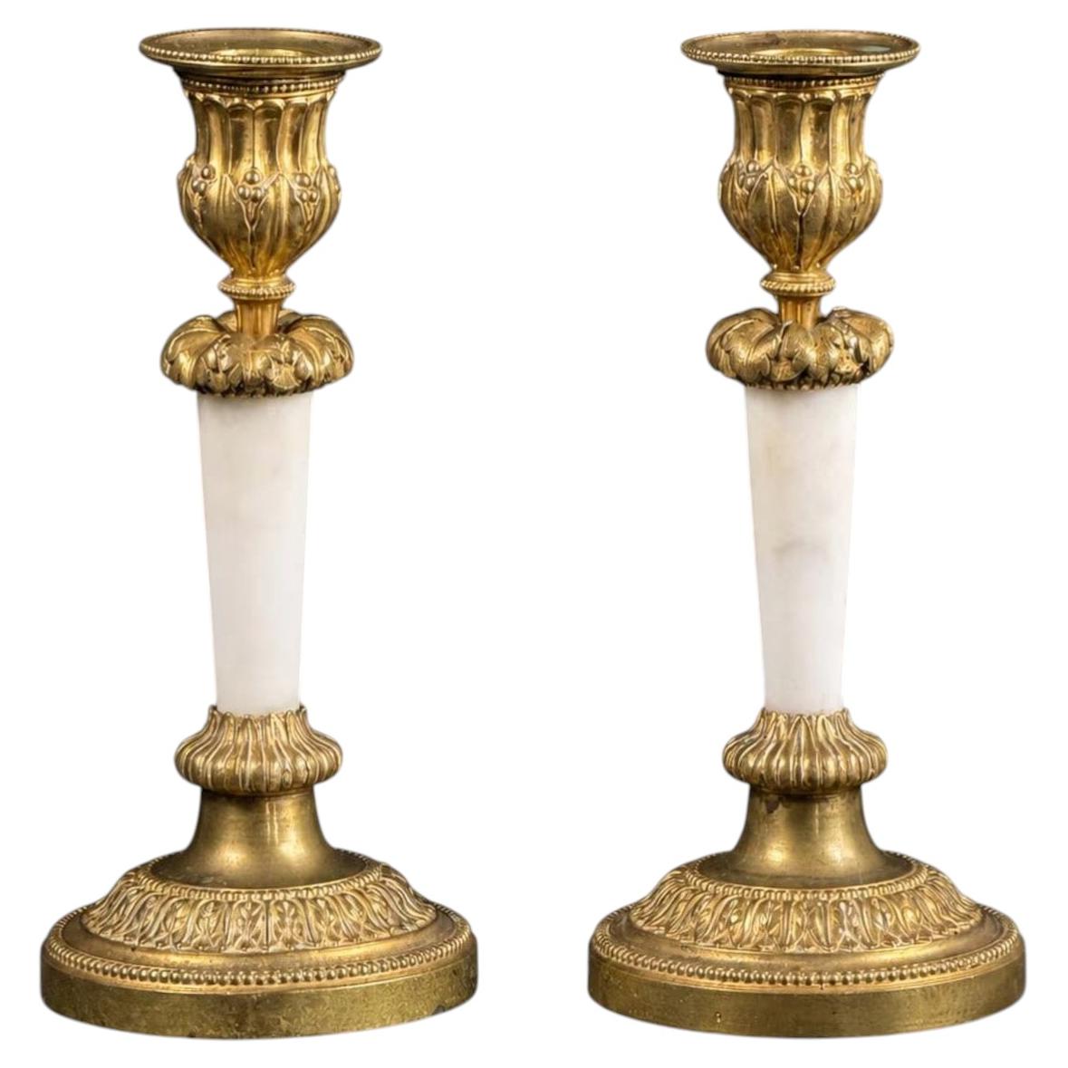 19th Century French Empire Style Bronze Candlesticks, Pair, White Marble Columns