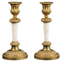 19th Century French Empire Style Bronze Candlesticks, Pair, White Marble Columns