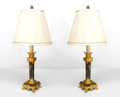 Pair of French Empire Green Marble Barbedienne Table Lamps