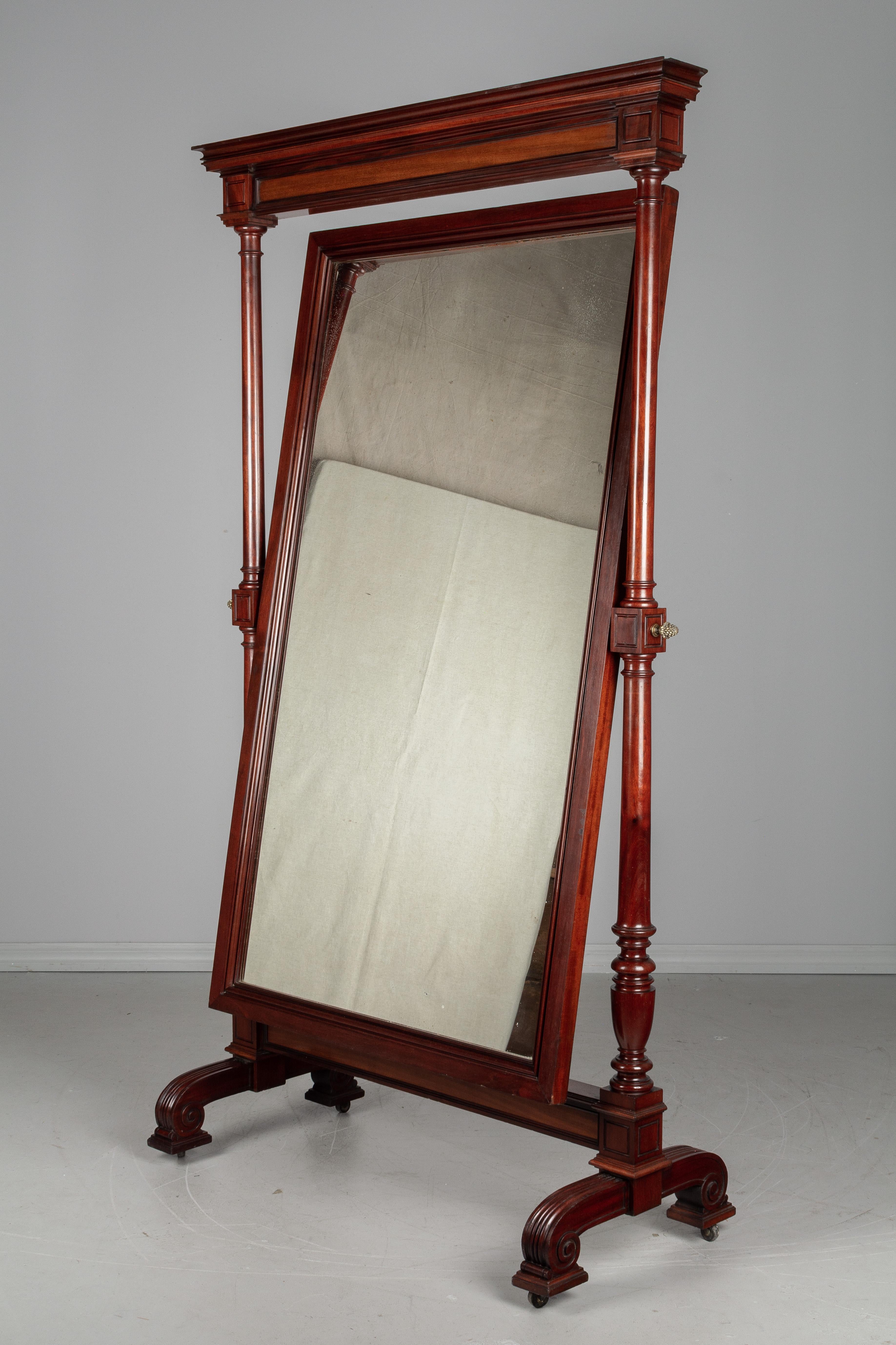 Cast 19th Century French Empire Style Mahogany Cheval Mirror