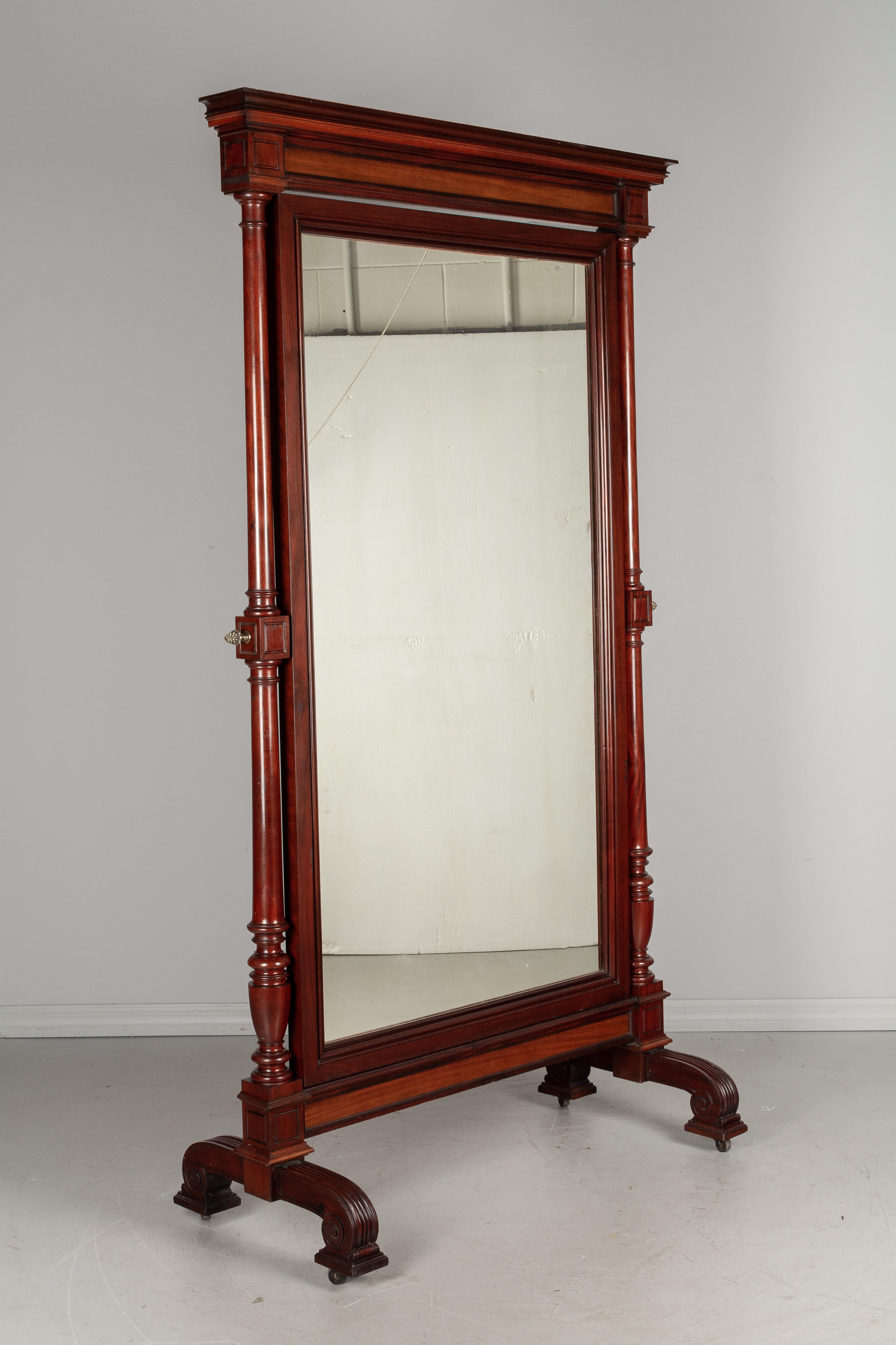 Brass 19th Century French Empire Style Mahogany Cheval Mirror