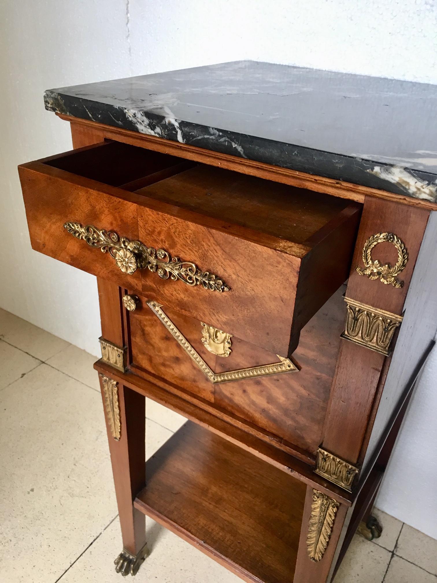 Gilt 19th Century French Empire Style Walnut Nightstand Side Table For Sale