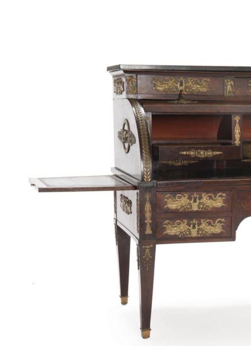 Leather 19th Century French Empire Style Mahogany Roll-Top Desk with Gilt Bronze-Mounted For Sale