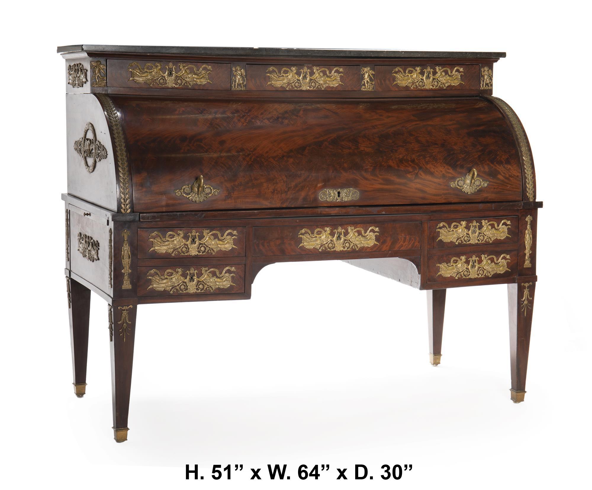 19th Century French Empire Style Mahogany Roll-Top Desk with Gilt Bronze-Mounted For Sale 1