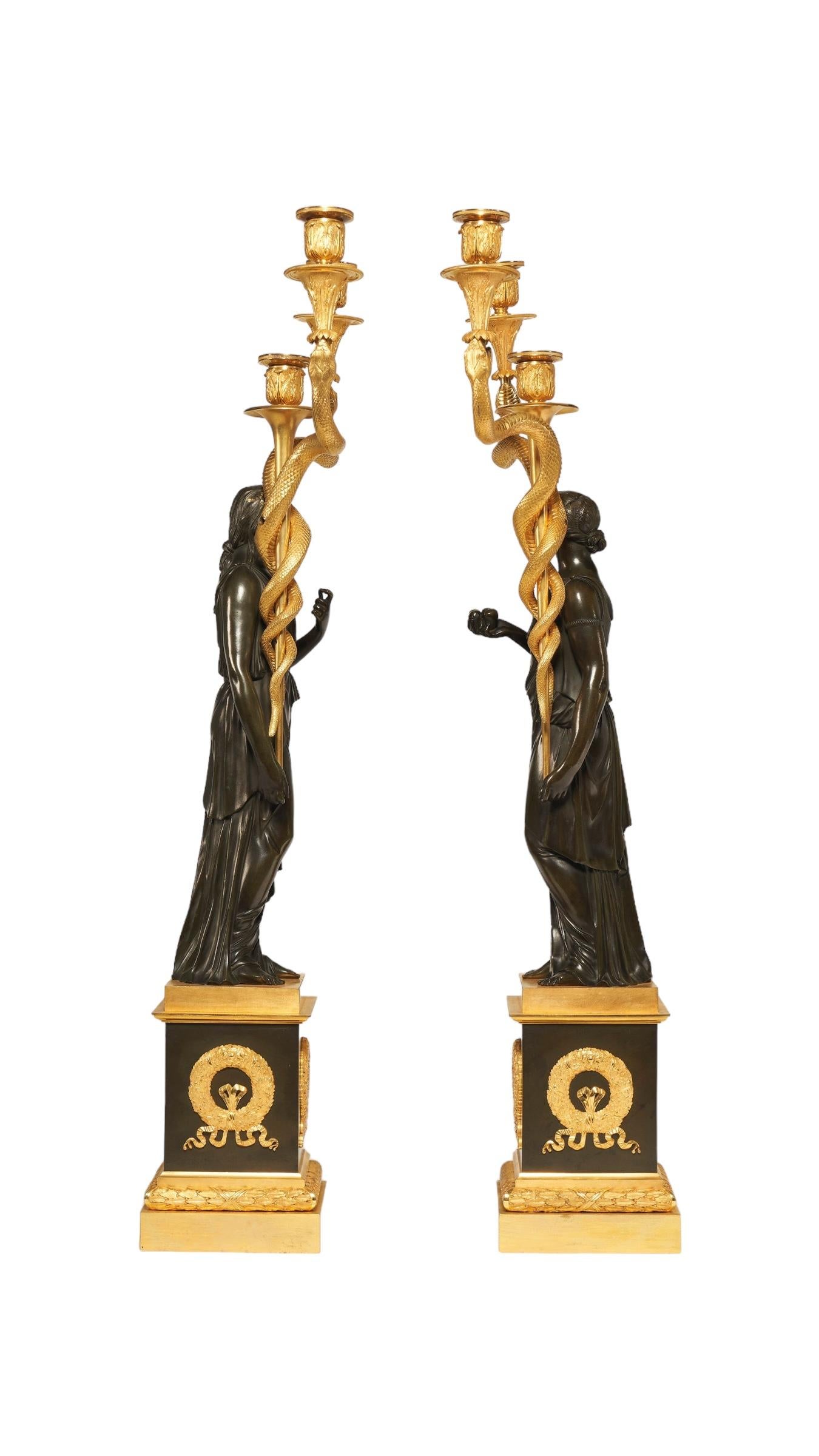 Gilt 19th Century French Empire Style Ormolu and Patinated Bronze Figural Candelabra For Sale