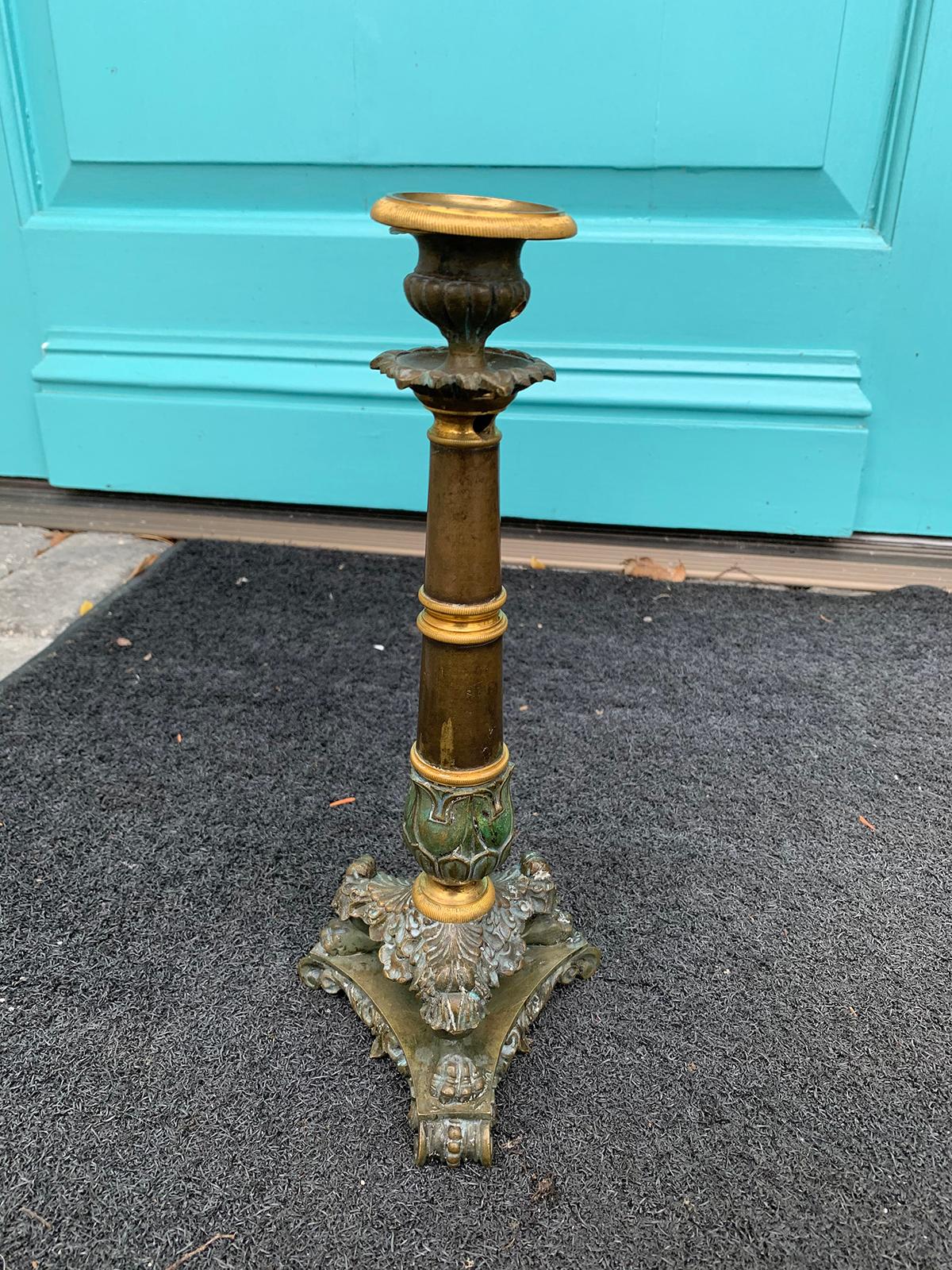 19th Century French Empire Style Patinated and Gilt Bronze Candlestick For Sale 2
