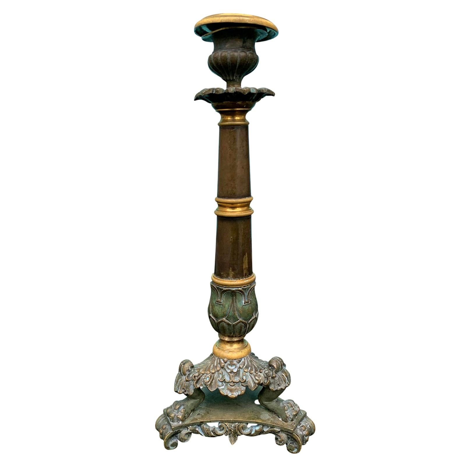 19th Century French Empire Style Patinated and Gilt Bronze Candlestick For Sale