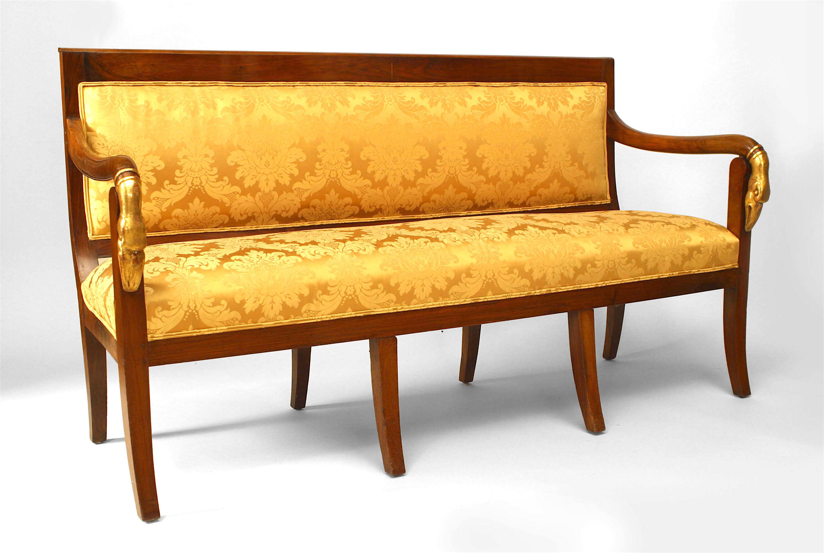 7 Stück Mahagoni-Wohnzimmer-/Salongarnitur im französischen Empire-Stil (19. Jh.) mit vergoldeten Schwanenkopfarmen und Goldpolsterung (Sofa: 66¬Ω 