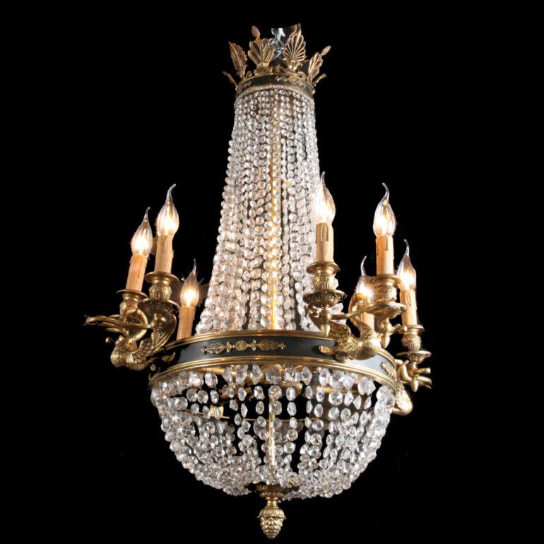Rare and elegant empire style bronze & brass crystal chandelier. Straight out of Paris C.1880. Loaded with hand cut crystals and beads. Flanked with brass elaborate Swans. A truly spectacular piece!