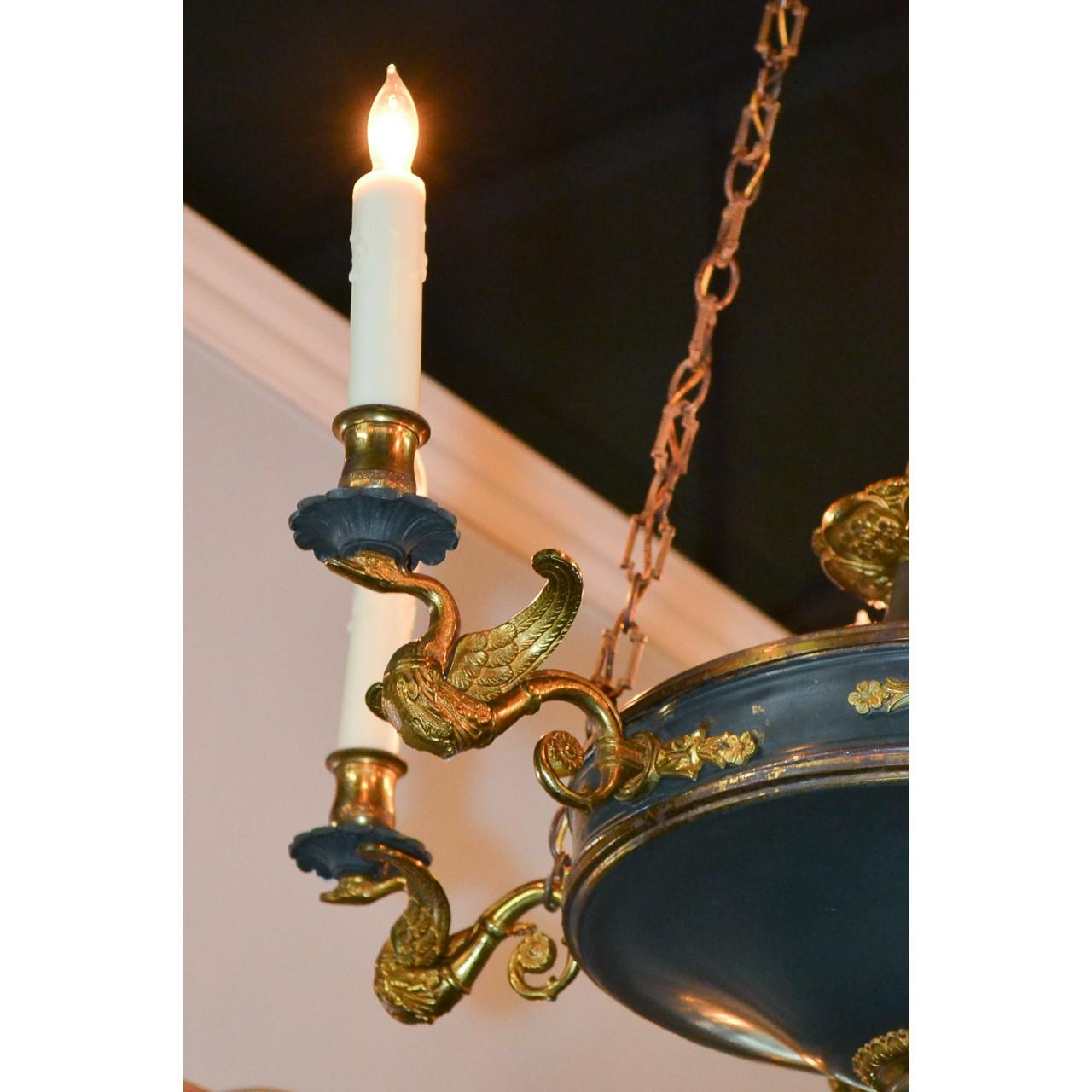 Gilt 19th Century, French Empire Tole and Brass Chandelier