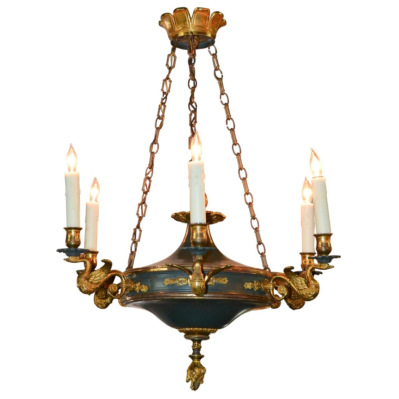 19th Century, French Empire Tole and Brass Chandelier