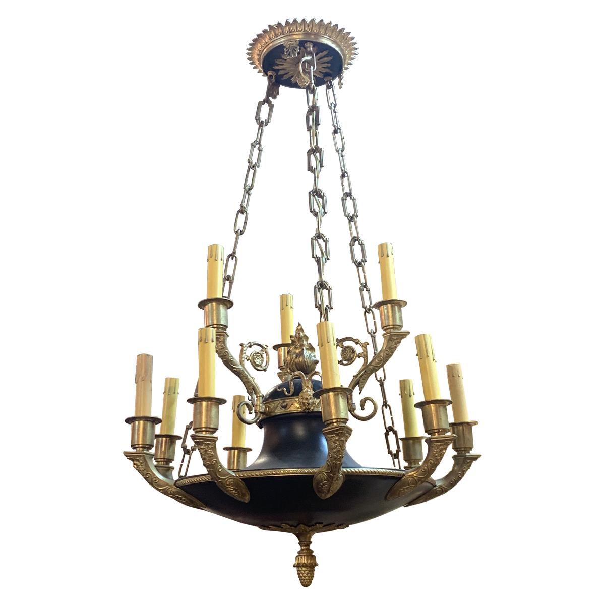 19th Century French Empire Tole and Bronze 12-Light Chandelier