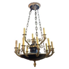 19th Century French Empire Tole and Bronze 12-Light Chandelier
