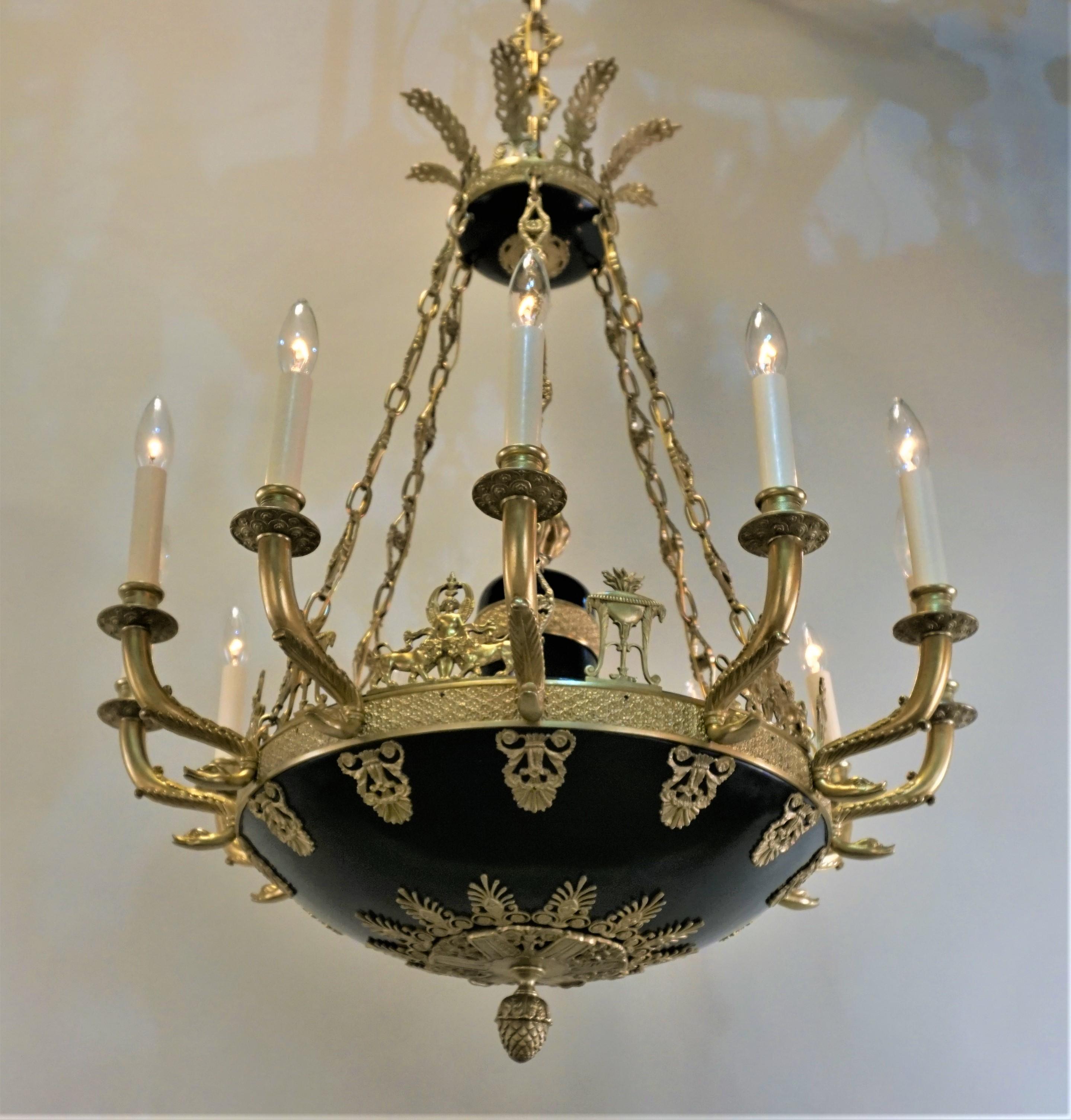 Impressive neoclassical large twelve light with great detail bronze 19th century French chandelier.
Height can be adjusted by removing some of the chain.