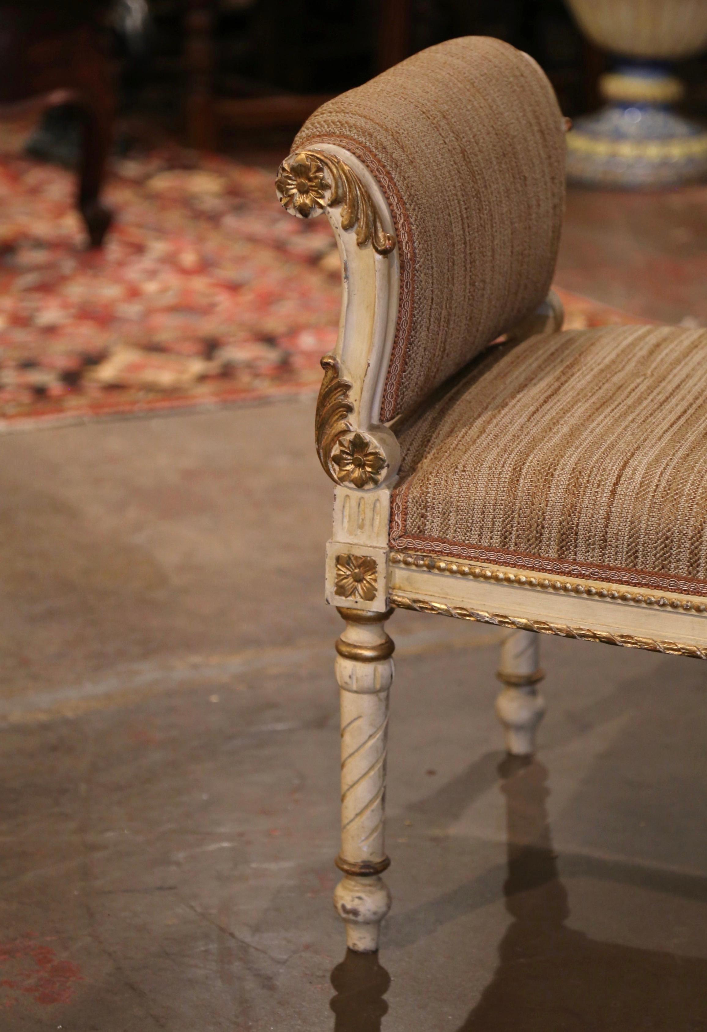 Hand-Carved 19th Century French Empire Upholstered and Gilt Painted Stool Bench For Sale