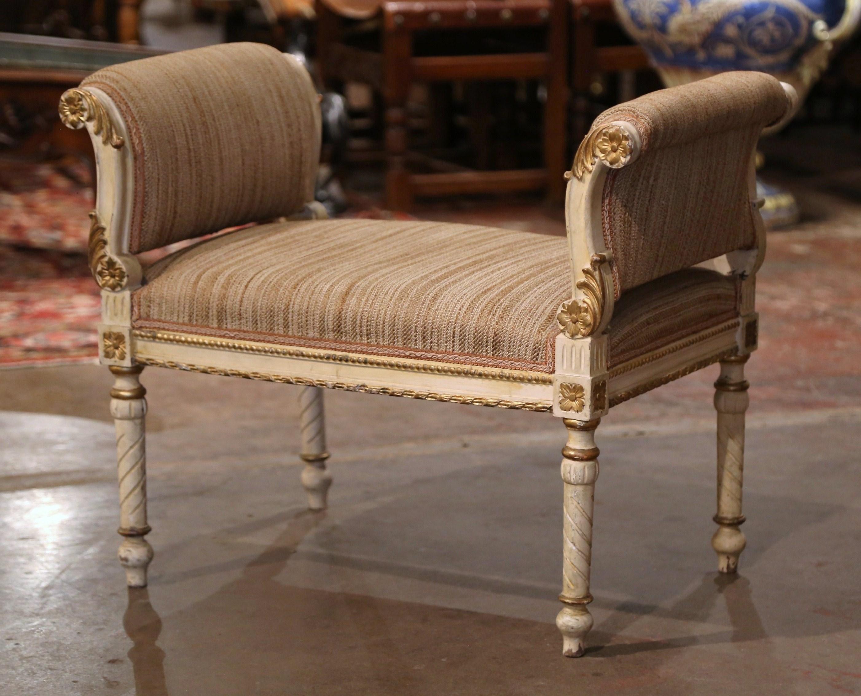 Walnut 19th Century French Empire Upholstered and Gilt Painted Stool Bench For Sale