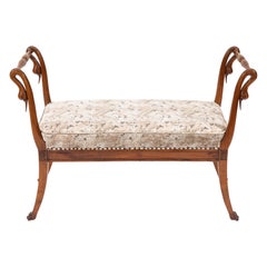 19th Century French Empire Walnut Bench with Carved Swan Motif