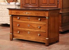 19th Century French Empire Walnut Commode Chest of Drawers with Black Marble Top