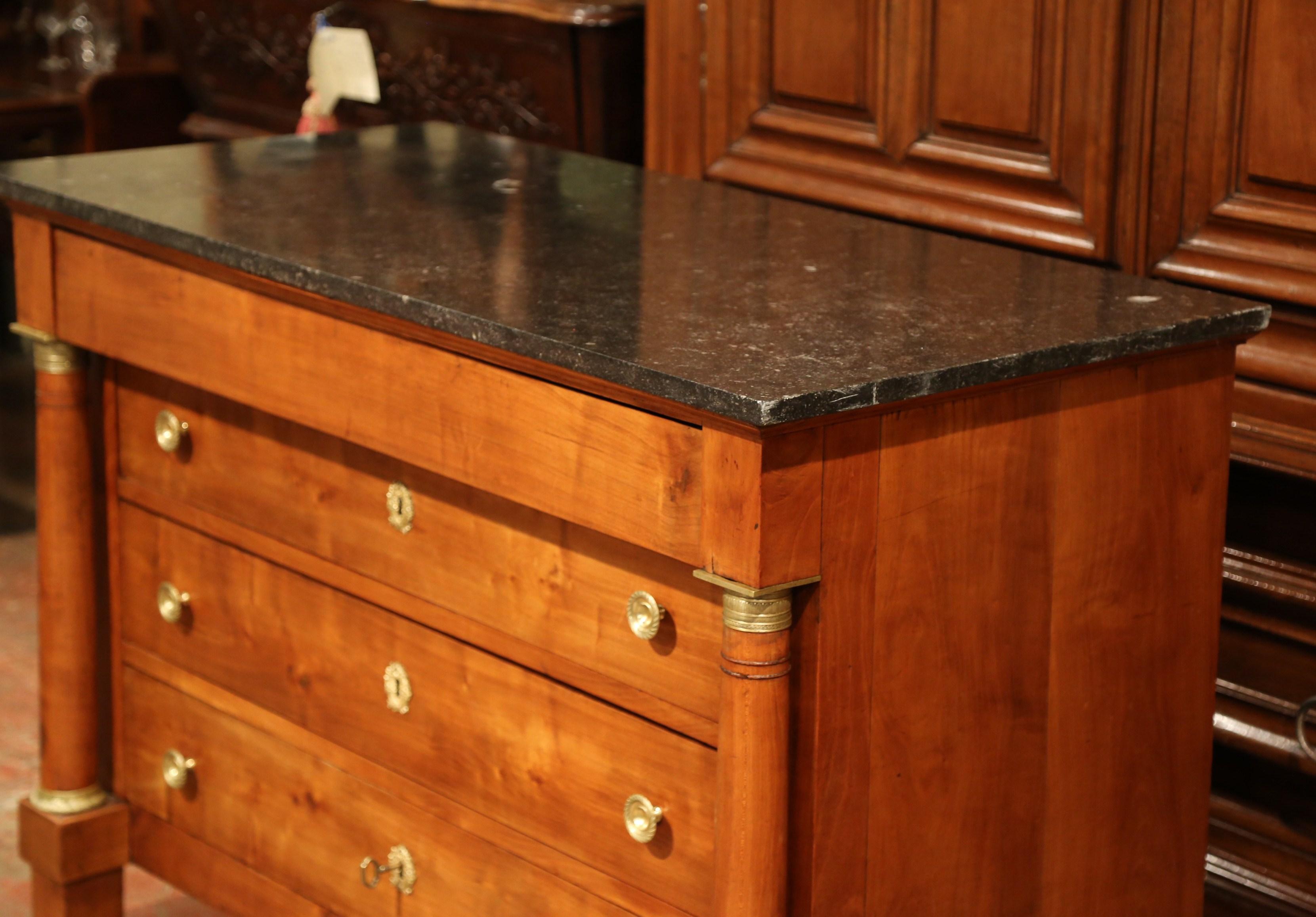 19th Century French Empire Walnut Commode Chest of Drawers with Black Marble Top In Excellent Condition In Dallas, TX