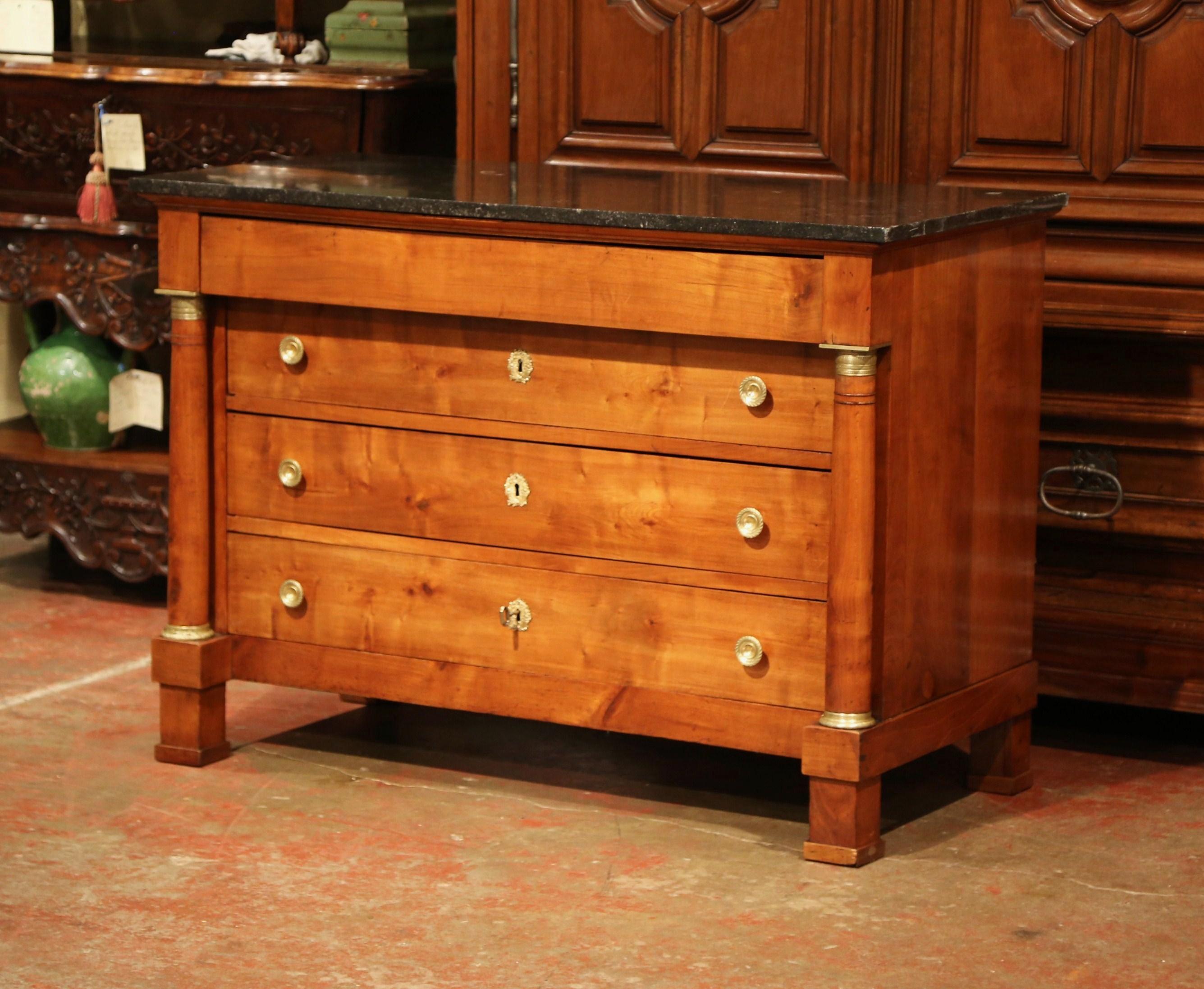 Bronze 19th Century French Empire Walnut Commode Chest of Drawers with Black Marble Top