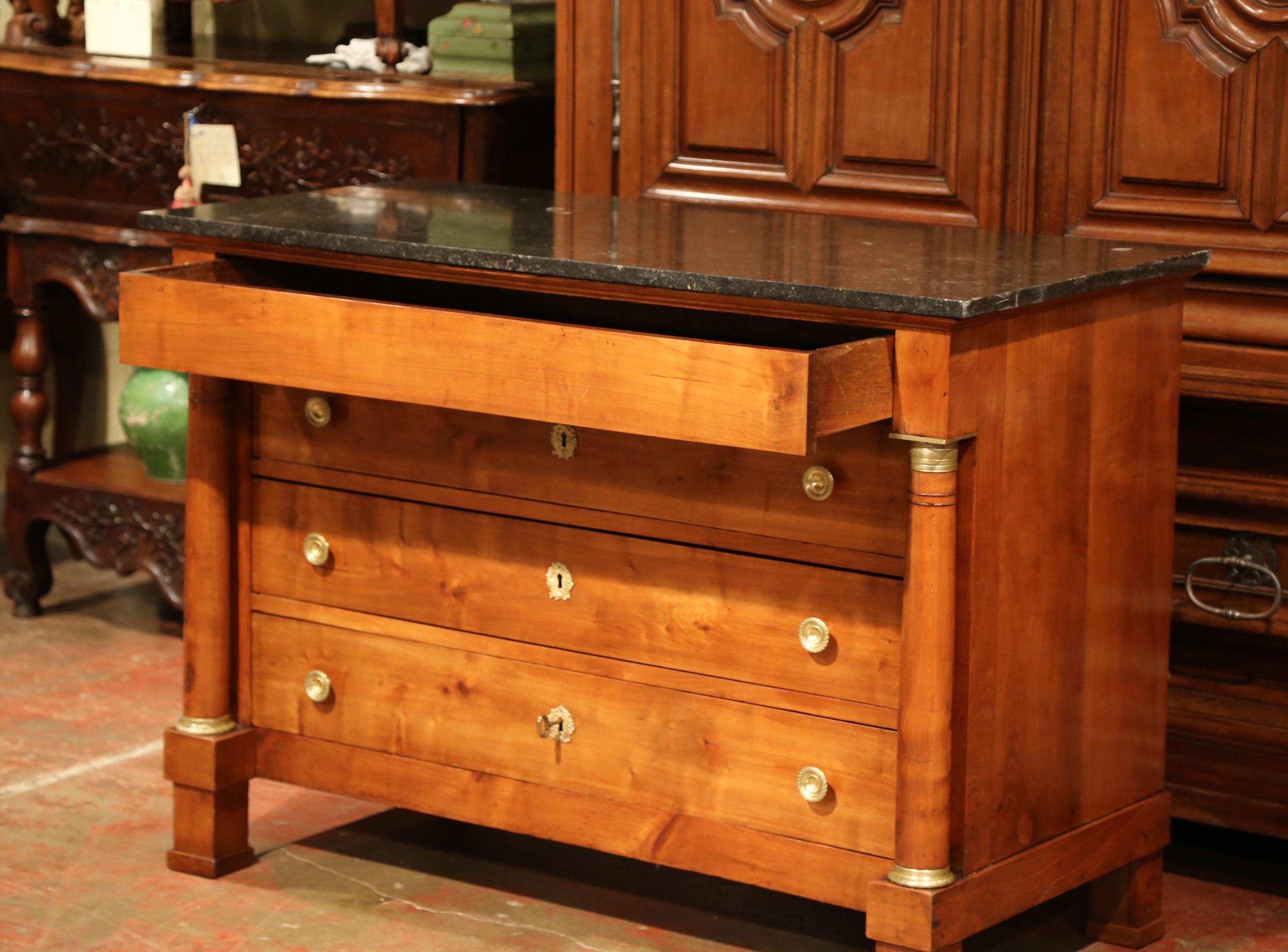 19th Century French Empire Walnut Commode Chest of Drawers with Black Marble Top 1