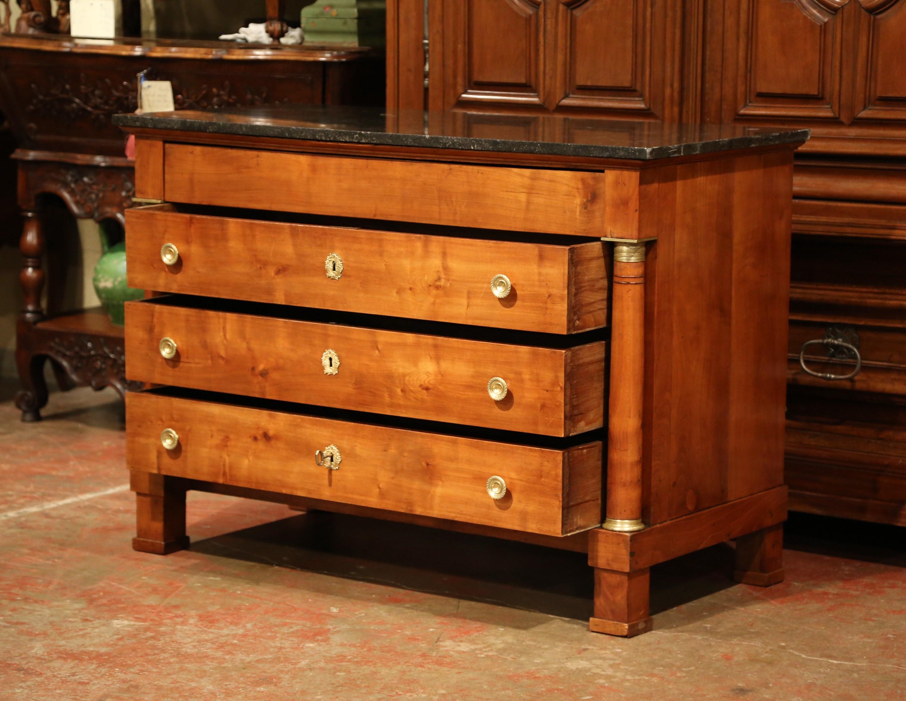 19th Century French Empire Walnut Commode Chest of Drawers with Black Marble Top 2