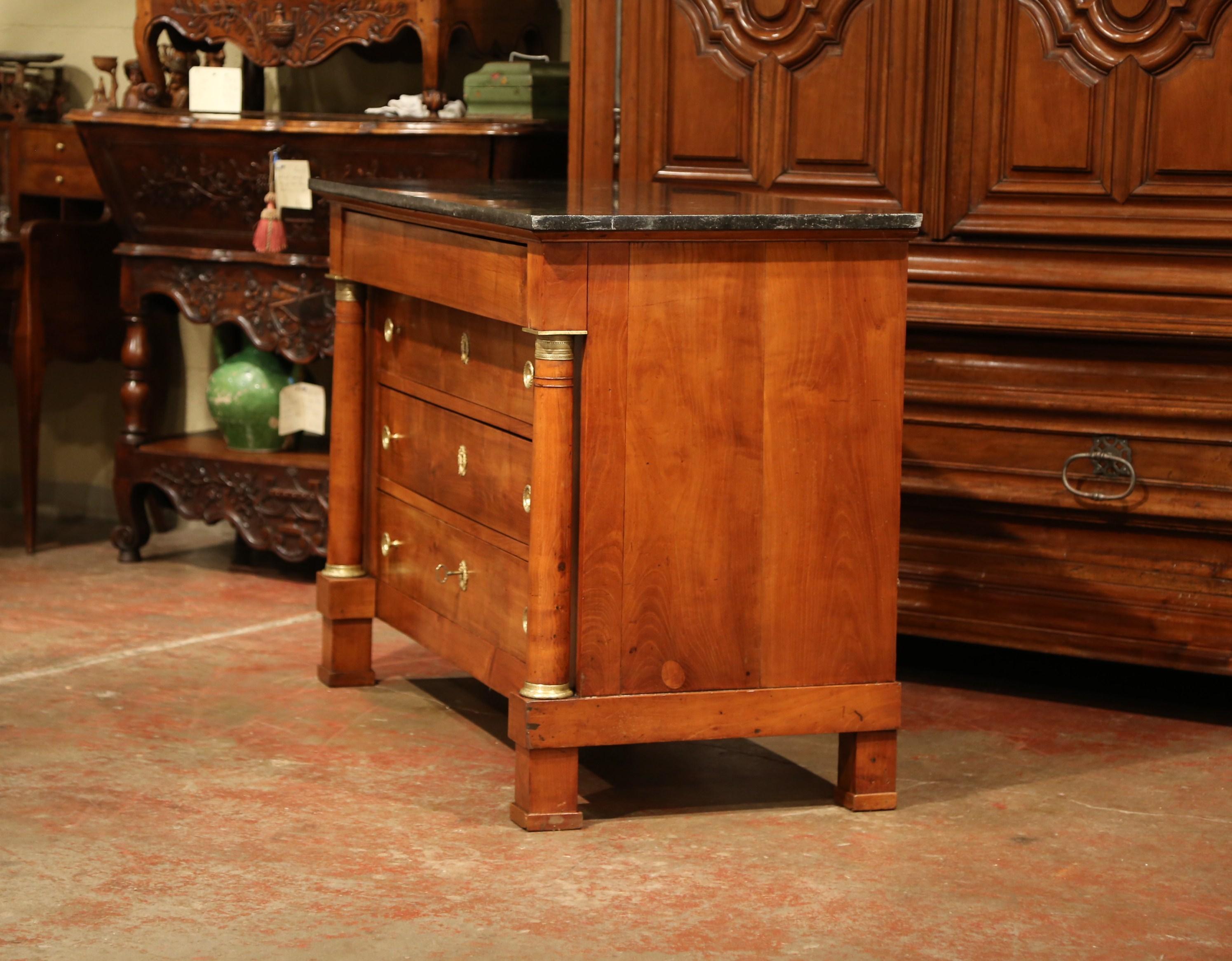 19th Century French Empire Walnut Commode Chest of Drawers with Black Marble Top 4