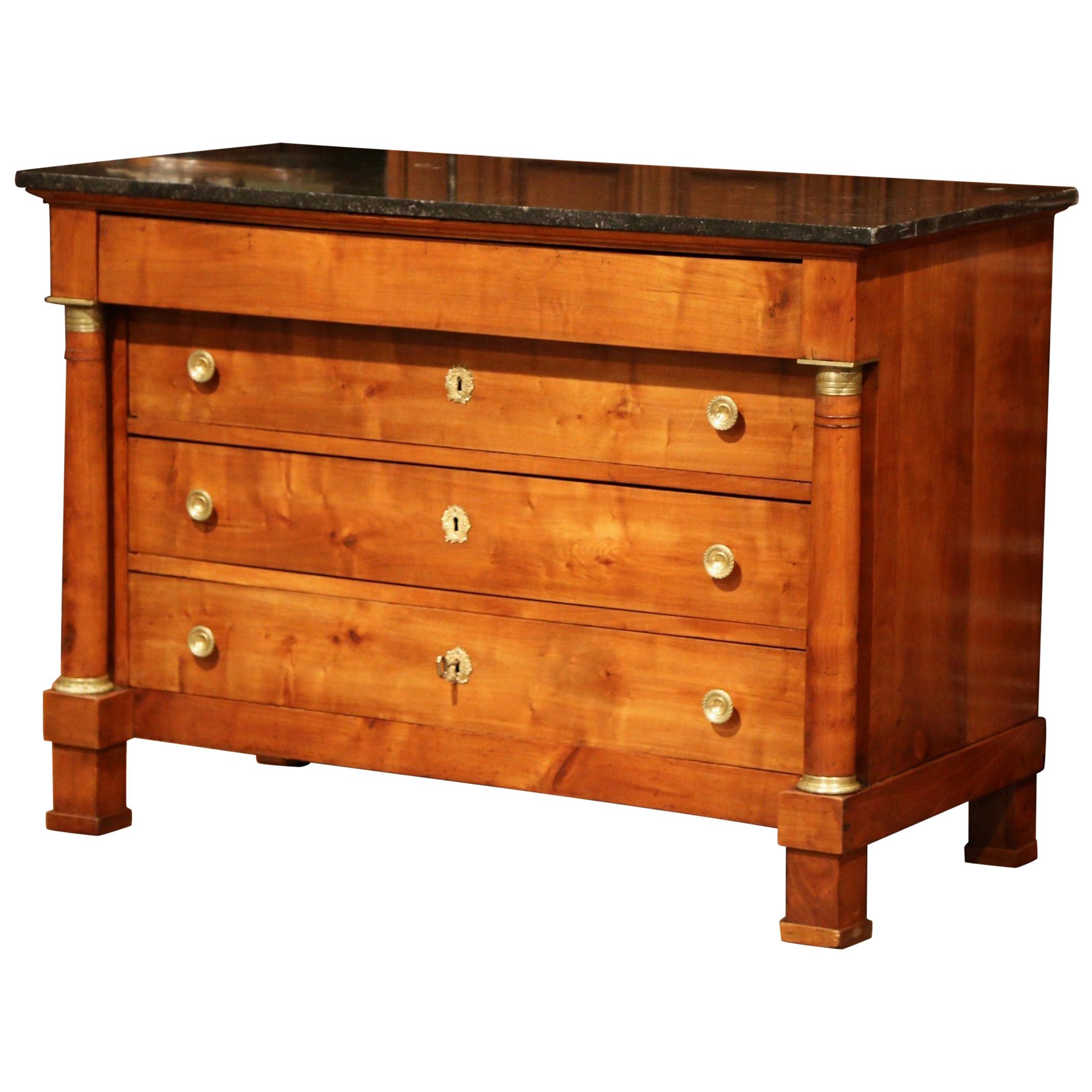 19th Century French Empire Walnut Commode Chest of Drawers with Black Marble Top