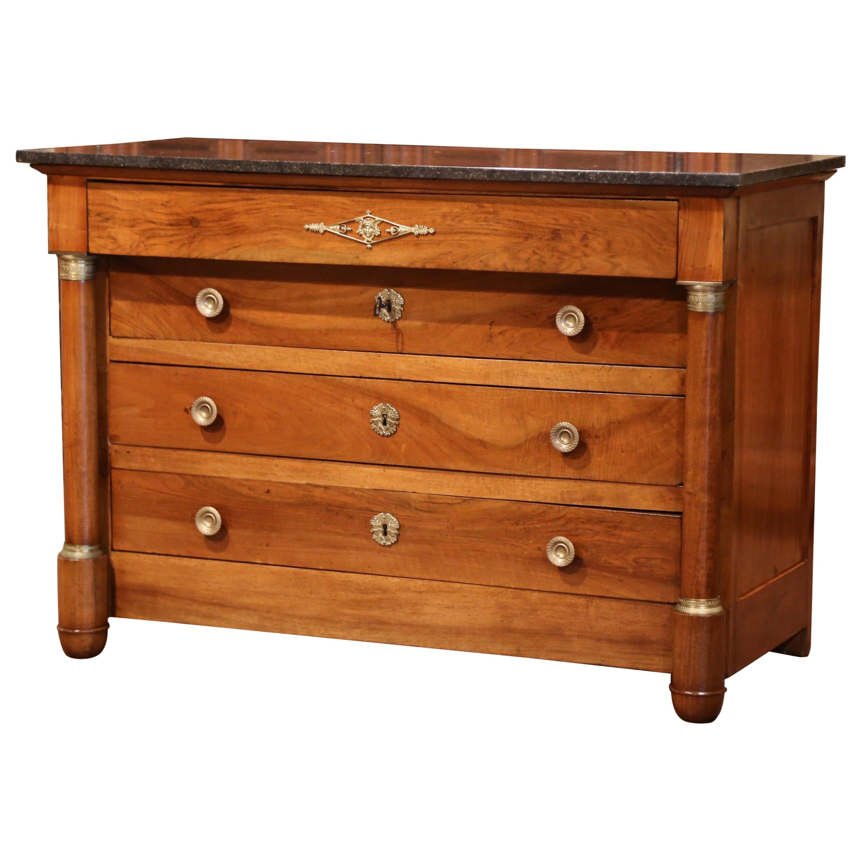 19th Century French Empire Walnut Commode Chest of Drawers with Black Marble Top
