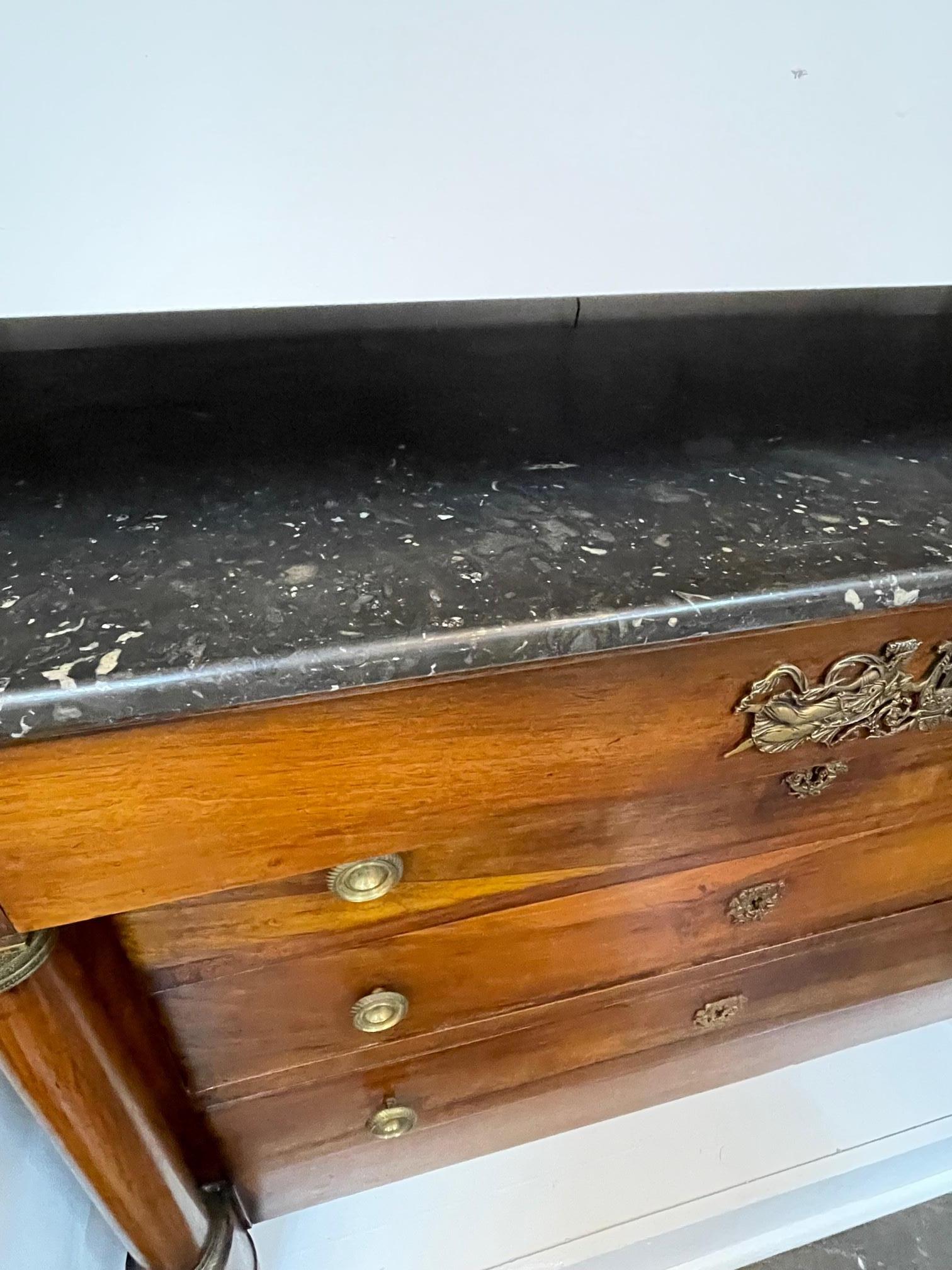 Belgian Black Marble 19th Century French Empire Walnut Commode For Sale